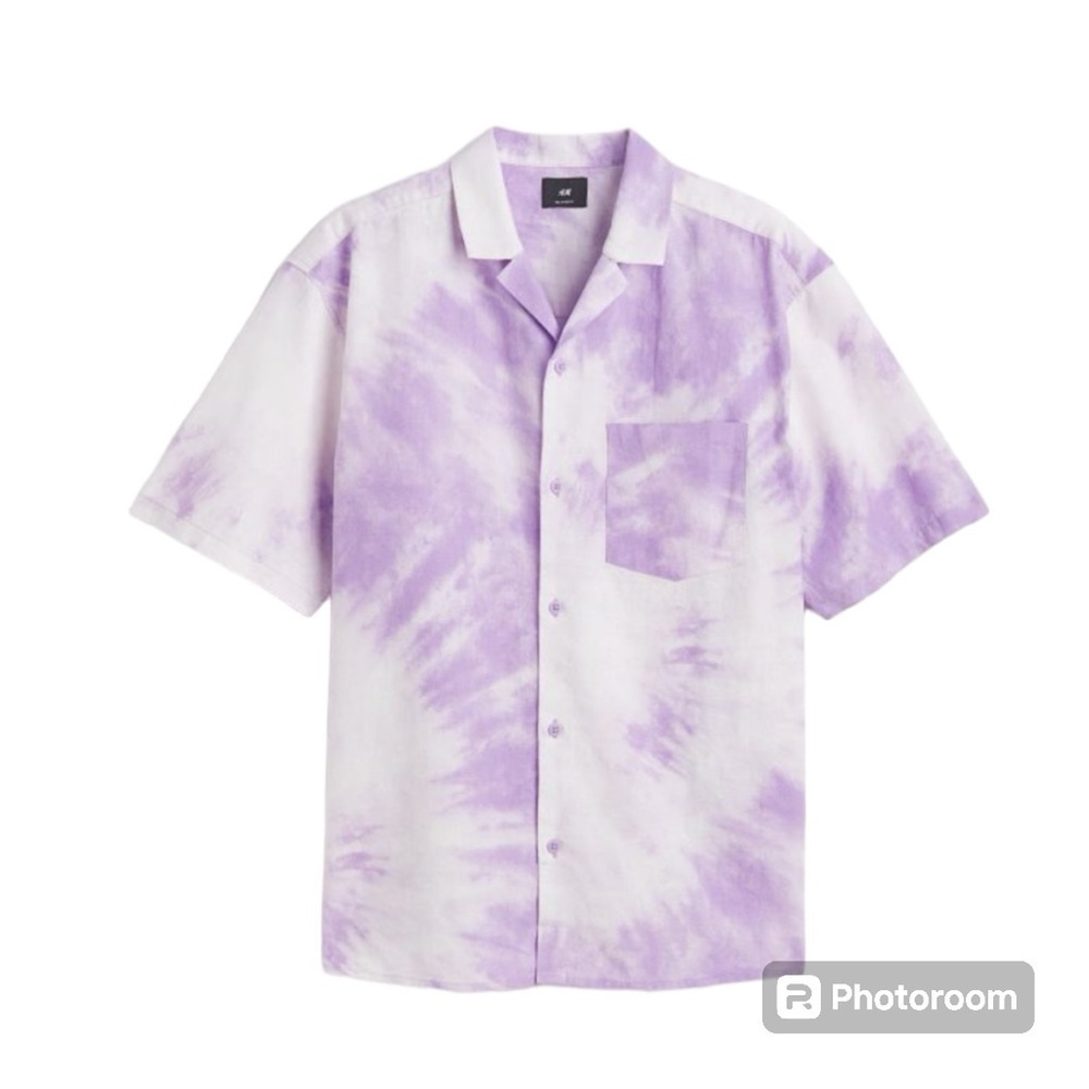 H&M relaxed fit Linen-blend Resort Shirt purple/tie dye size Medium